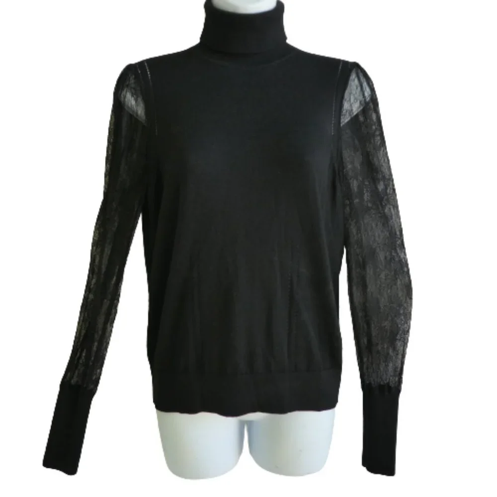 Equipment Femme Black Wool Silk Knit Turtleneck Sheer Lace Sleeves Knit Long Cuf